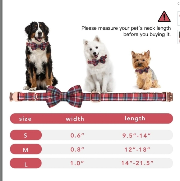 Christmas Plaid Dog Collar w/Rose Gold Buckles & Removable Bowtie w/Bell Size M - Picture 8 of 8